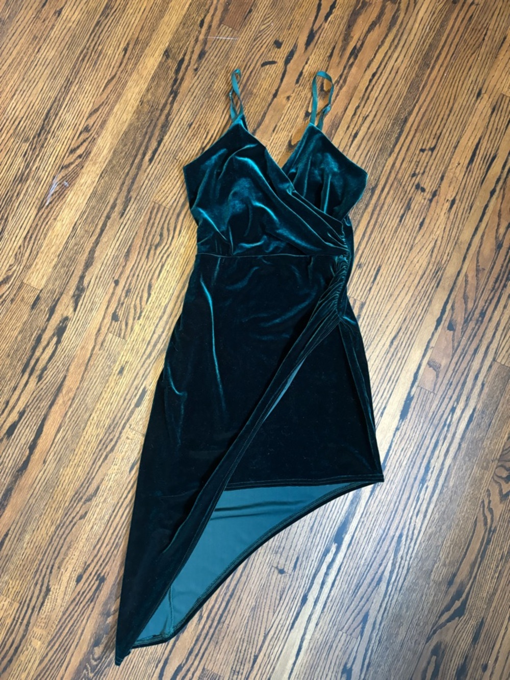 Velvet Asymmetric Velvet Slip Dress in Deep Teal